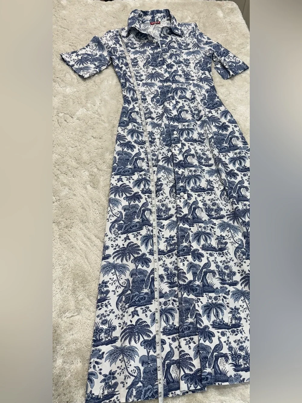 Staud Wells Blue White Toile Print Shirt Dress Maxi Size Small Tropical Palm NWT - Picture 3 of 7